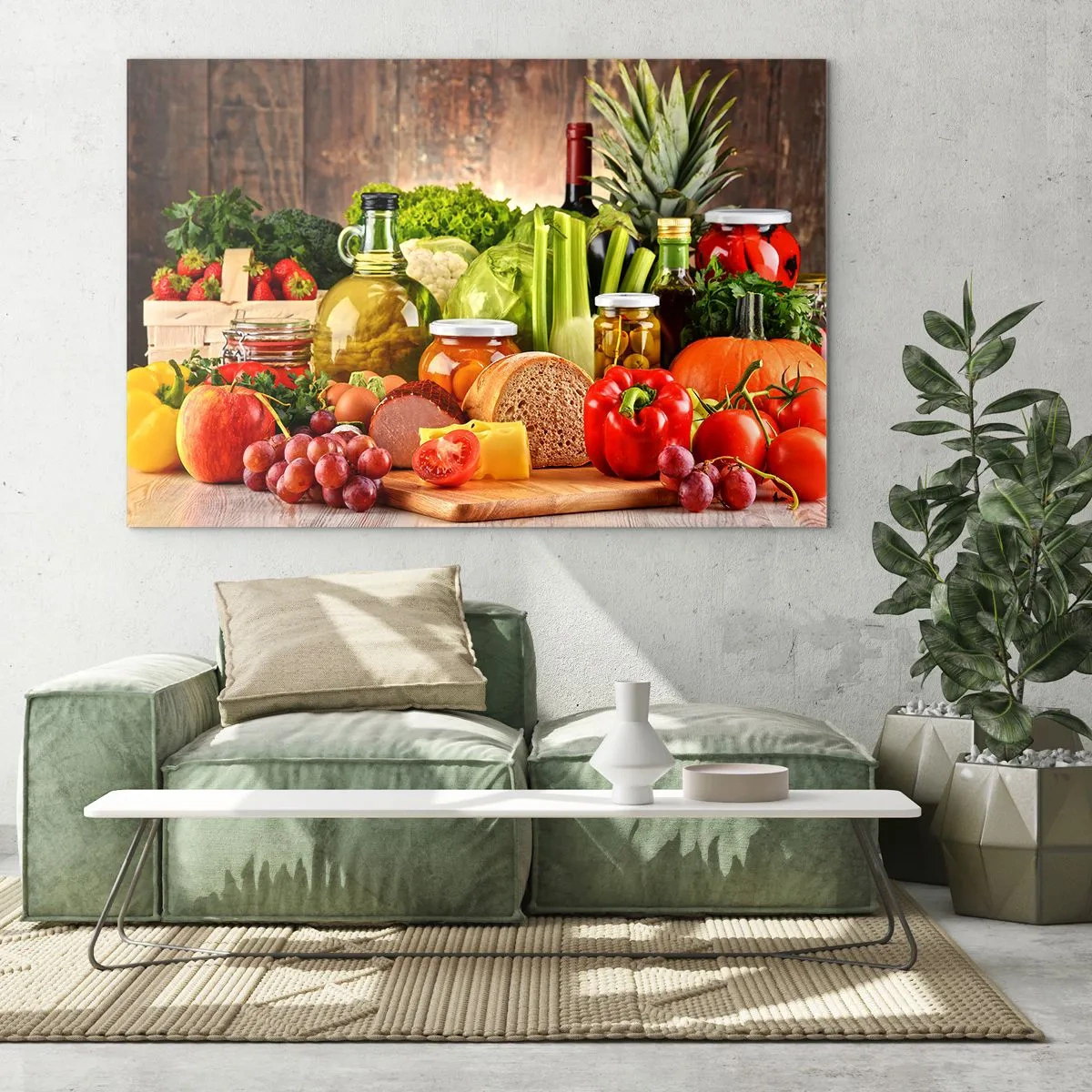 Tablou pe sticlă - Legume colorate, fructe, pâine și conserve pe un fundal de lemn - 70x50cm - Afumate, prăjite, marinate - Decorațiune modernă pentru perete pentru living și dormitor ARTTOR