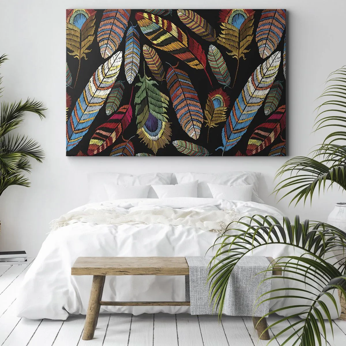 Tablou pe pânză Canvas - Pene colorate pe fundal negru - 70x50cm - Carnavalul păsărilor - Decorațiune modernă pentru perete pentru living și dormitor ARTTOR
