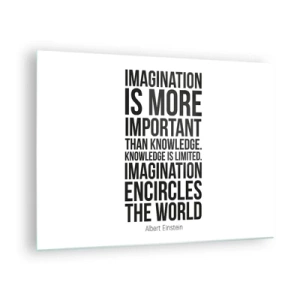 Tablou pe sticlă - Un citat despre imaginație în tipografia minimalistă - 70x50cm - Einstein despre puterea imaginației - Decorațiune modernă pentru perete pentru living și dormitor ARTTOR