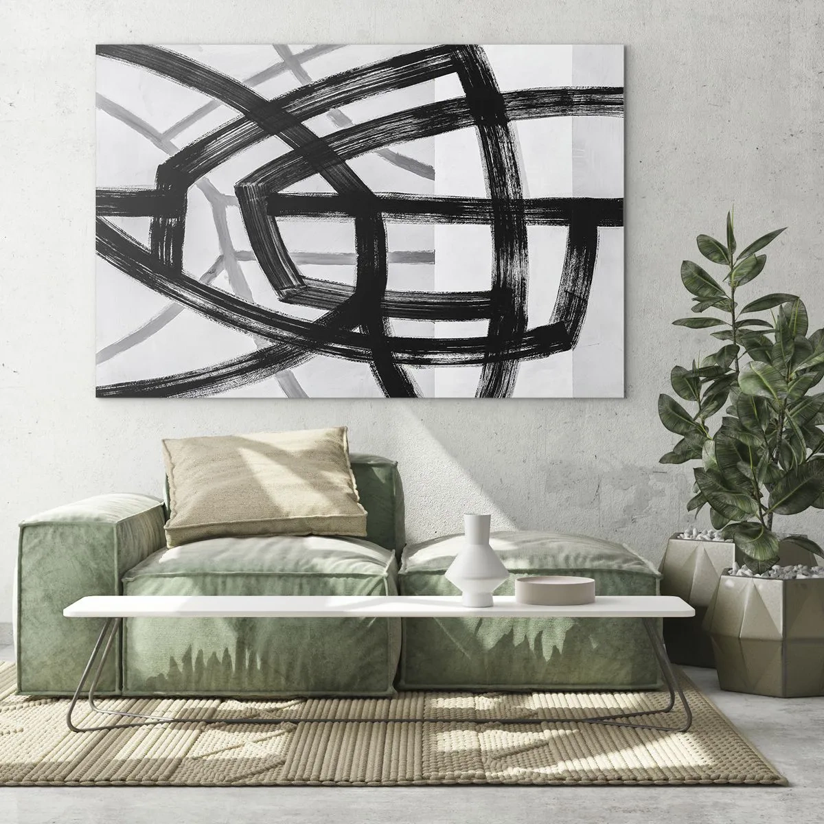 Tablou pe sticlă - Tușele de pensulă negre și gri creează o rețea dinamică de linii. - 70x50cm - Construind adâncimea - Decorațiune modernă pentru perete pentru living și dormitor ARTTOR
