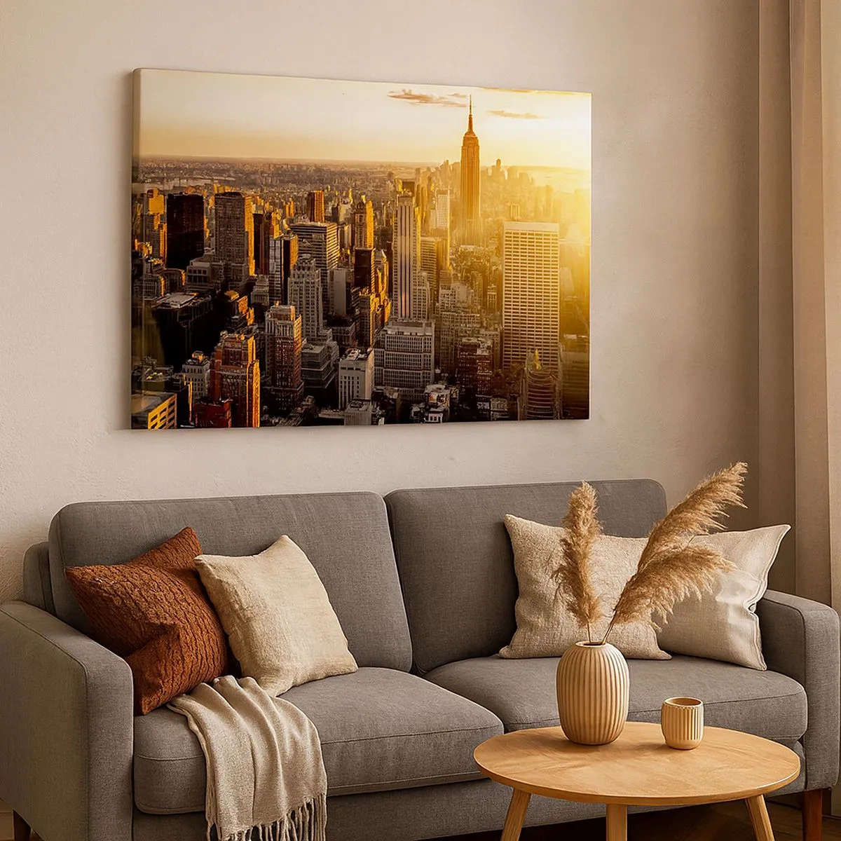 Tablou pe pânză Canvas - Orizontul orașului New York la apus, cu vedere la Empire State Building - 70x50cm - Crescând la soare - Decorațiune modernă pentru perete pentru living și dormitor ARTTOR