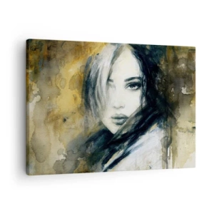 Tablou pe pânză Canvas - Portret de femeie pe un fundal de pete abstracte în nuanțe de bej - 70x50cm - Mai inocentă sau mai senzuală? - Decorațiune modernă pentru perete pentru living și dormitor ARTTOR