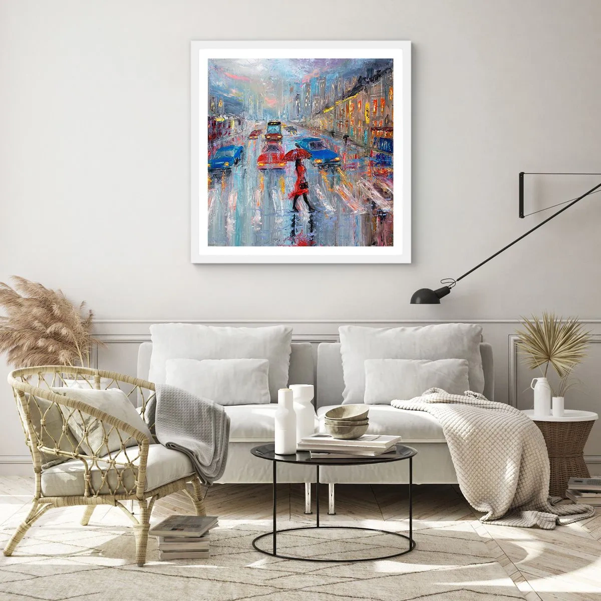 Poster în ramă albă - O după-amiază ploioasă în oraș - 50x50 cm