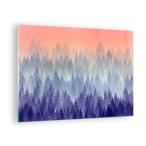 Tablou pe sticlă - Pădure misterioasă de conifere în nuanțe pastelate ale dimineții - 70x50cm - Sus, mai sus, spre cer - Decorațiune modernă pentru perete pentru living și dormitor ARTTOR
