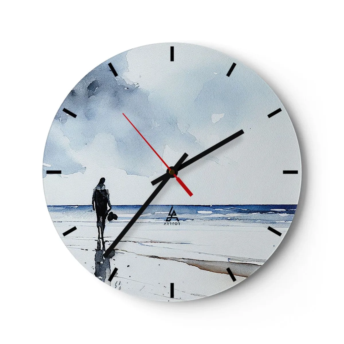 Ceas de perete - Ceas pe sticlă - O figură pe plajă privind spre mare - 30x30cm - Vorbind cu marea - Decorațiune modernă pentru perete pentru living, bucătărie și dormitor ARTTOR