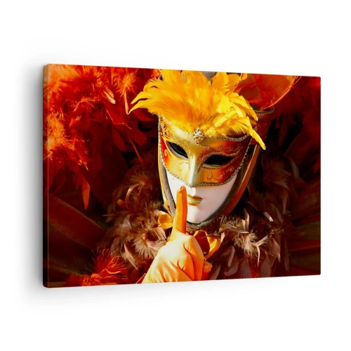 Tablou pe pânză Canvas - Mască de carnaval în nuanțe de auriu și portocaliu - 70x50cm - Misterul face parte din joc - Decorațiune modernă pentru perete pentru living și dormitor ARTTOR