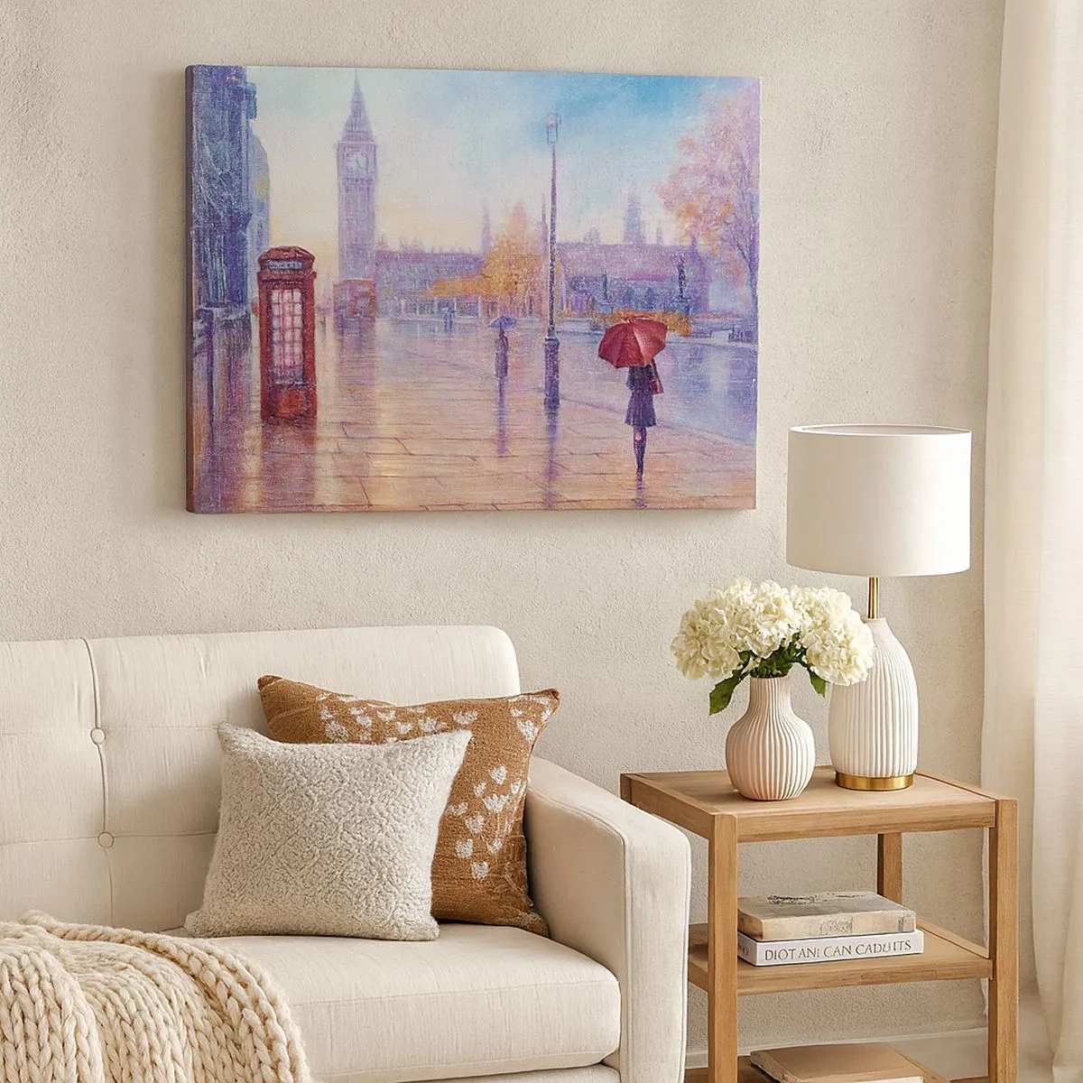 Tablou pe pânză Canvas - Stradă din Londra cu Big Ben într-o zi ploioasă - 70x50cm - O zi de toamnă londoneză - Decorațiune modernă pentru perete pentru living și dormitor ARTTOR