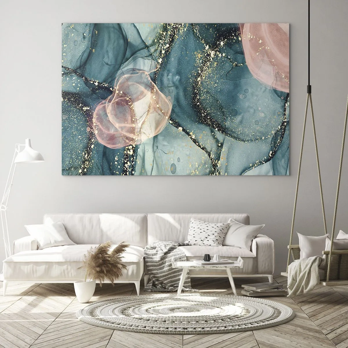Tablou pe sticlă - Forme abstracte în albastru și roz cu detalii aurii - 70x50cm - Mătase albastră, tul roz - Decorațiune modernă pentru perete pentru living și dormitor ARTTOR