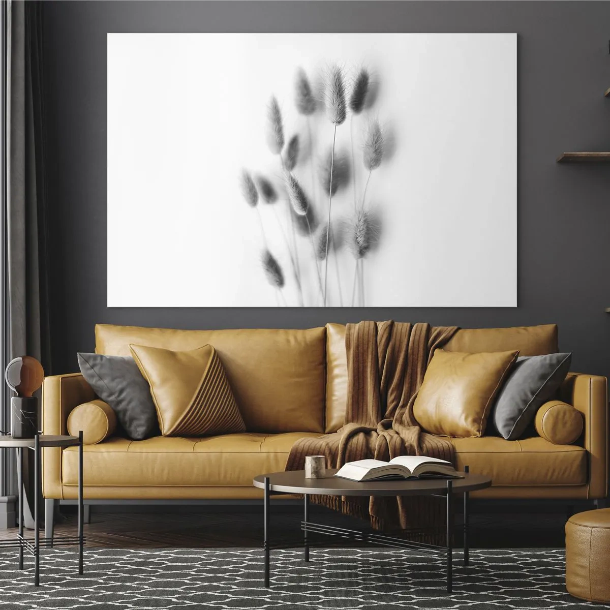 Tablou pe sticlă - Urechi de iarbă alb-negru pe un fundal deschis, într-un stil minimalist - 70x50cm - Pufoșenia ierbii - Decorațiune modernă pentru perete pentru living și dormitor ARTTOR