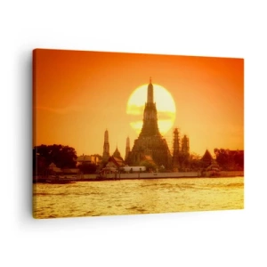 Tablou pe pânză Canvas - Apus de soare peste templu cu reflexie în apă - 70x50cm - Spre soare, mereu spre soare - Decorațiune modernă pentru perete pentru living și dormitor ARTTOR