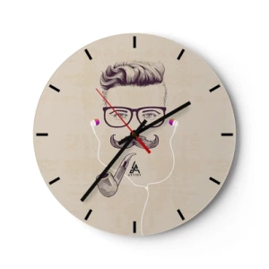 Ceas de perete - Ceas pe sticlă - Ilustrație a unei fețe cu mustață, ochelari, pipă și căști - 30x30cm - Un bărbat adevărat? - Decorațiune modernă pentru perete pentru living, bucătărie și dormitor ARTTOR