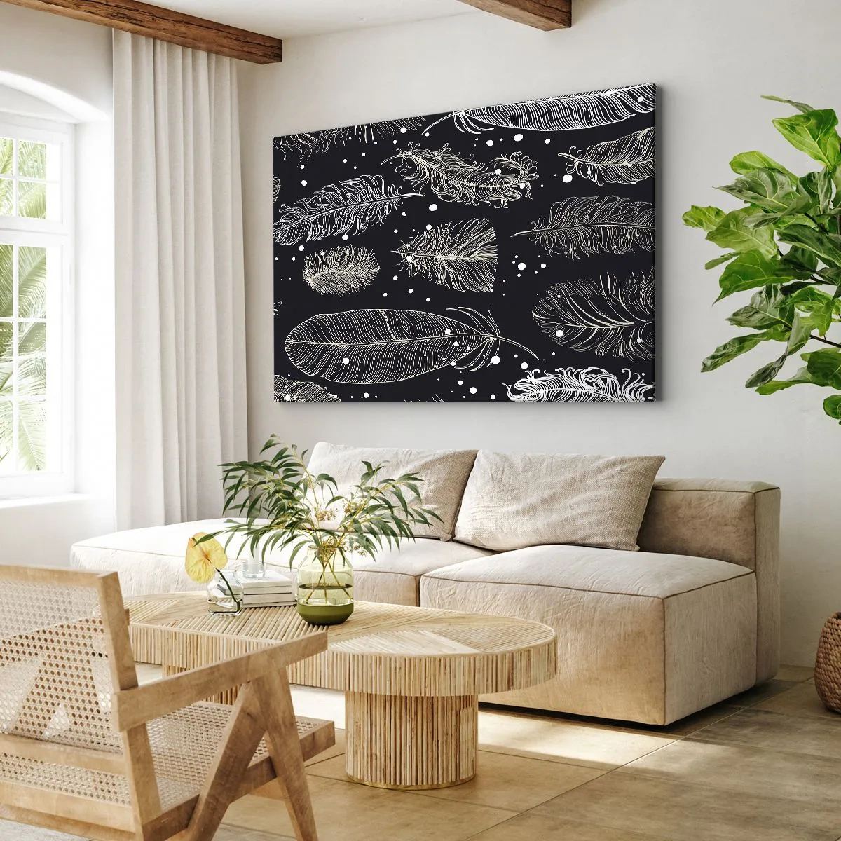 Tablou pe pânză Canvas - Pene albe delicate pe un fundal bleumarin - 70x50cm - Dantelă cu pene - Decorațiune modernă pentru perete pentru living și dormitor ARTTOR