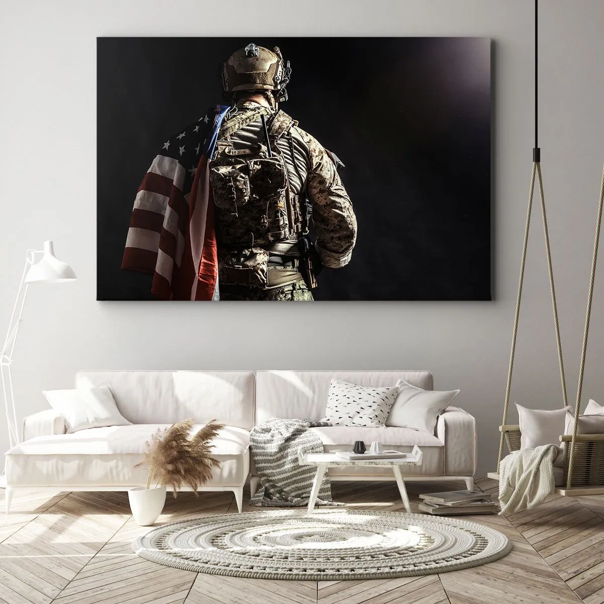 Tablou pe pânză Canvas - Un soldat în uniformă cu un steag pe un fundal întunecat - 70x50cm - D-aia - Decorațiune modernă pentru perete pentru living și dormitor ARTTOR