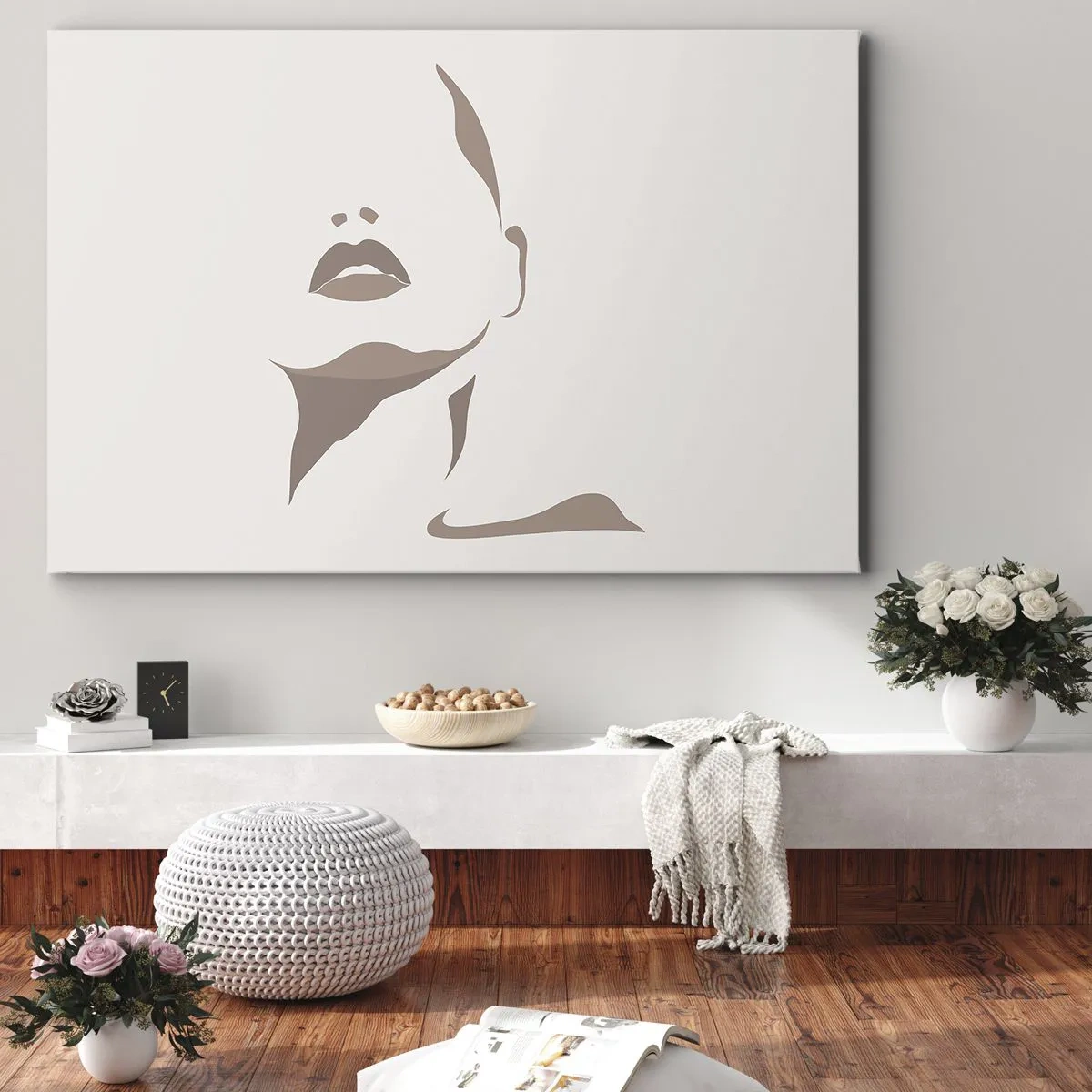 Tablou pe pânză Canvas - Contur minimalist al feței unei femei în tonuri delicate de bej - 70x50cm - Creată din lumină și umbră - Decorațiune modernă pentru perete pentru living și dormitor ARTTOR