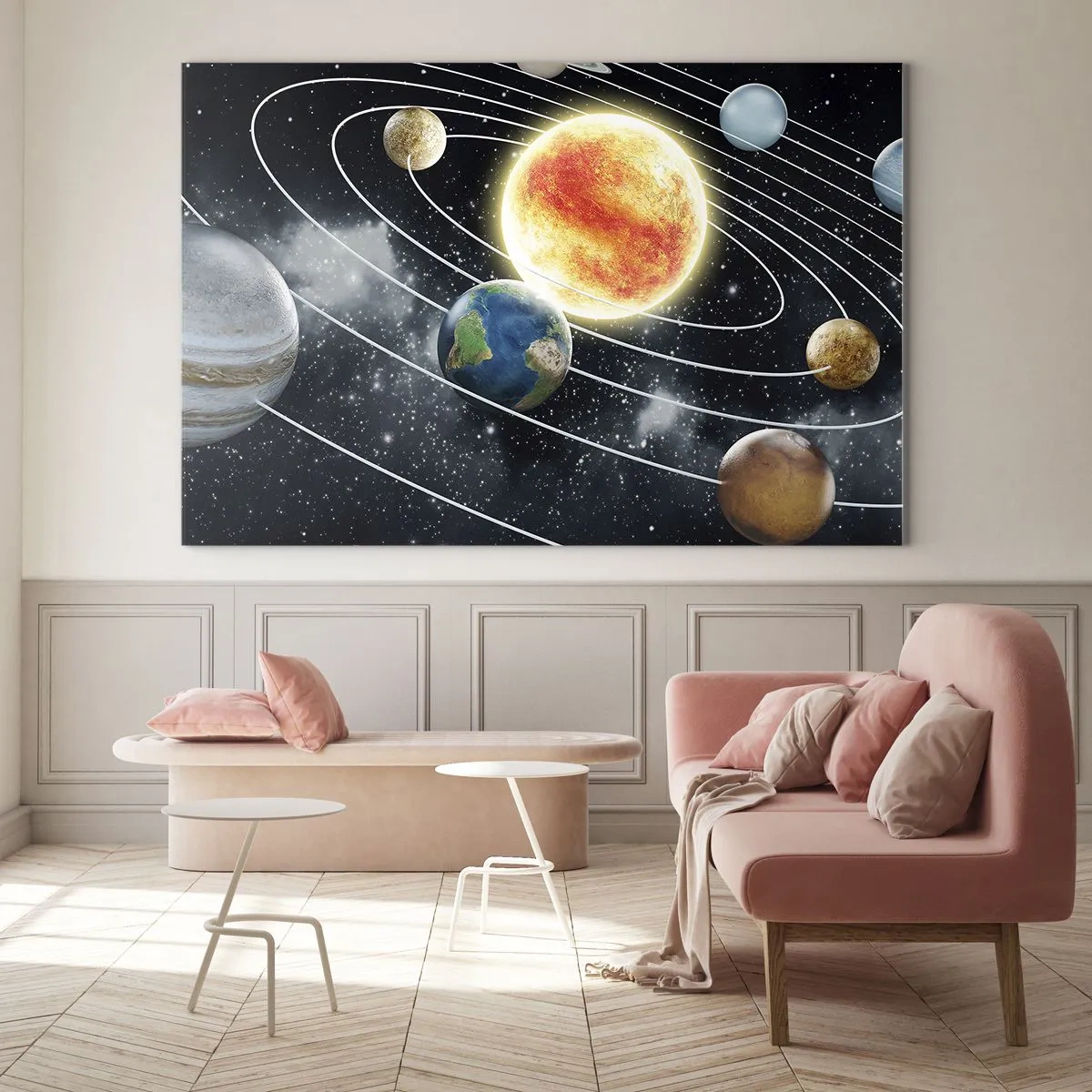 Tablou pe sticlă - Sistemul solar cu planete și orbite pe fundalul spațiului - 70x50cm - Dans cosmic - Decorațiune modernă pentru perete pentru living și dormitor ARTTOR