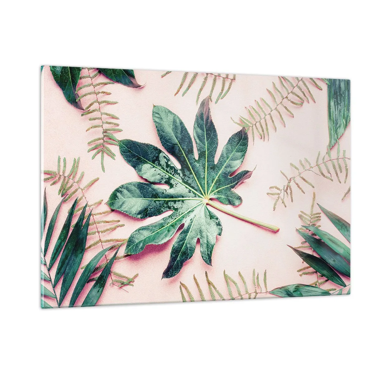 Tablou pe sticlă - Studiu de verdeață pe un fundal roz - 120x80 cm
