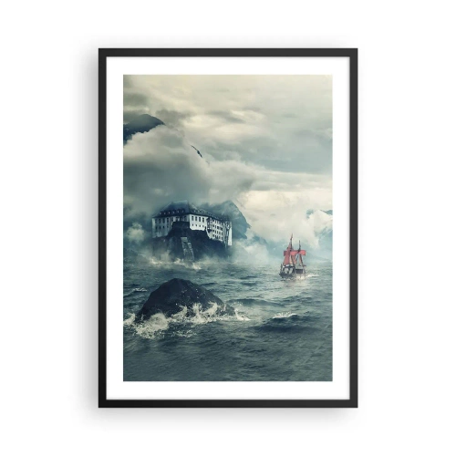 Poster în ramă neagră - O navă pe o mare furtunoasă lângă un castel în ceață - 50x70cm - Pe ape magice - Decorațiune modernă pentru perete pentru living și dormitor ARTTOR
