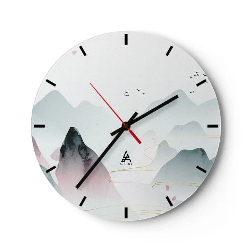 Ceas de perete - Ceas pe sticlă - Un peisaj montan minimalist în nuanțe pastelate cu păsări în zbor. - 30x30cm - Peste vârfuri - Decorațiune modernă pentru perete pentru living, bucătărie și dormitor ARTTOR