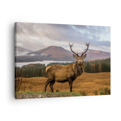 Tablou pe pânză Canvas - Un cerb pe fundalul unui peisaj montan cu lacuri și păduri - 70x50cm - Măreția naturii - Decorațiune modernă pentru perete pentru living și dormitor ARTTOR