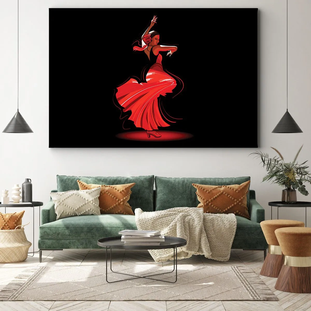 Tablou pe pânză Canvas - Dansatoare de flamenco într-o rochie roșie pe un fundal negru - 70x50cm - Spiritul înflăcărat al flamenco-ului - Decorațiune modernă pentru perete pentru living și dormitor ARTTOR