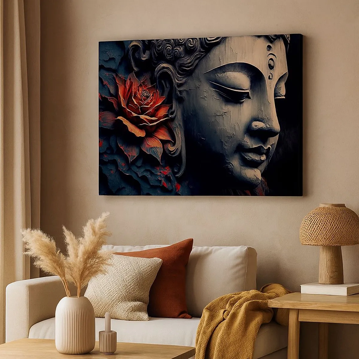Tablou pe pânză Canvas - Sculptură de Buddha cu o floare de lotus roșie - 70x50cm - În ton cu lumea - Decorațiune modernă pentru perete pentru living și dormitor ARTTOR