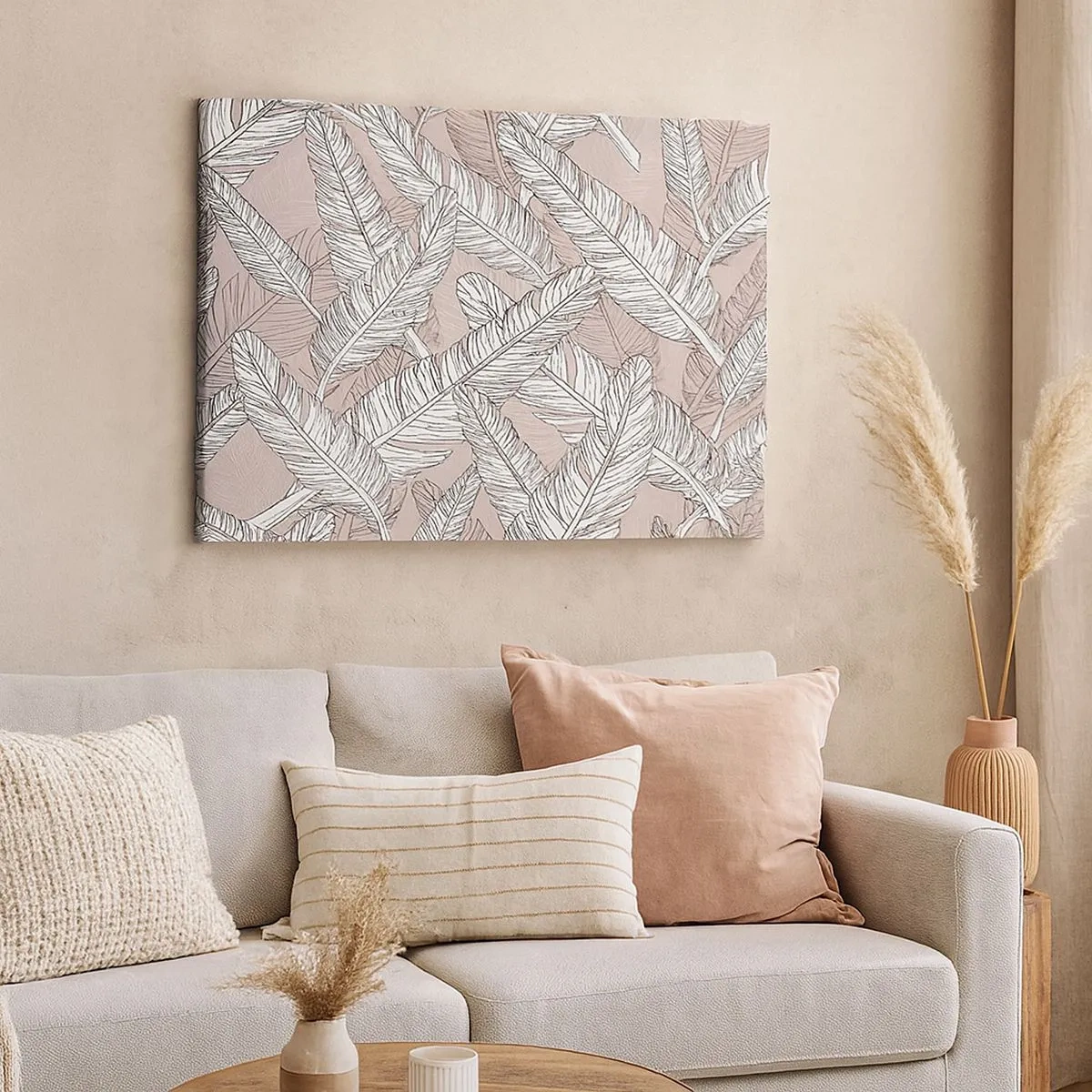 Tablou pe pânză Canvas - Model alb-negru cu frunze de bananier pe un fundal deschis - 70x50cm - Vijelie cu pene - Decorațiune modernă pentru perete pentru living și dormitor ARTTOR