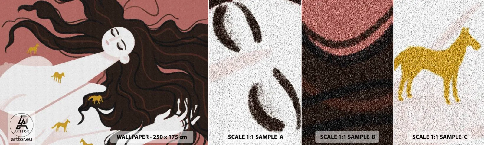 Mostră de Tapet Standard Eco - Visul despre calul de aur - Femeie, Portret, Minimalism - 100x30 cm