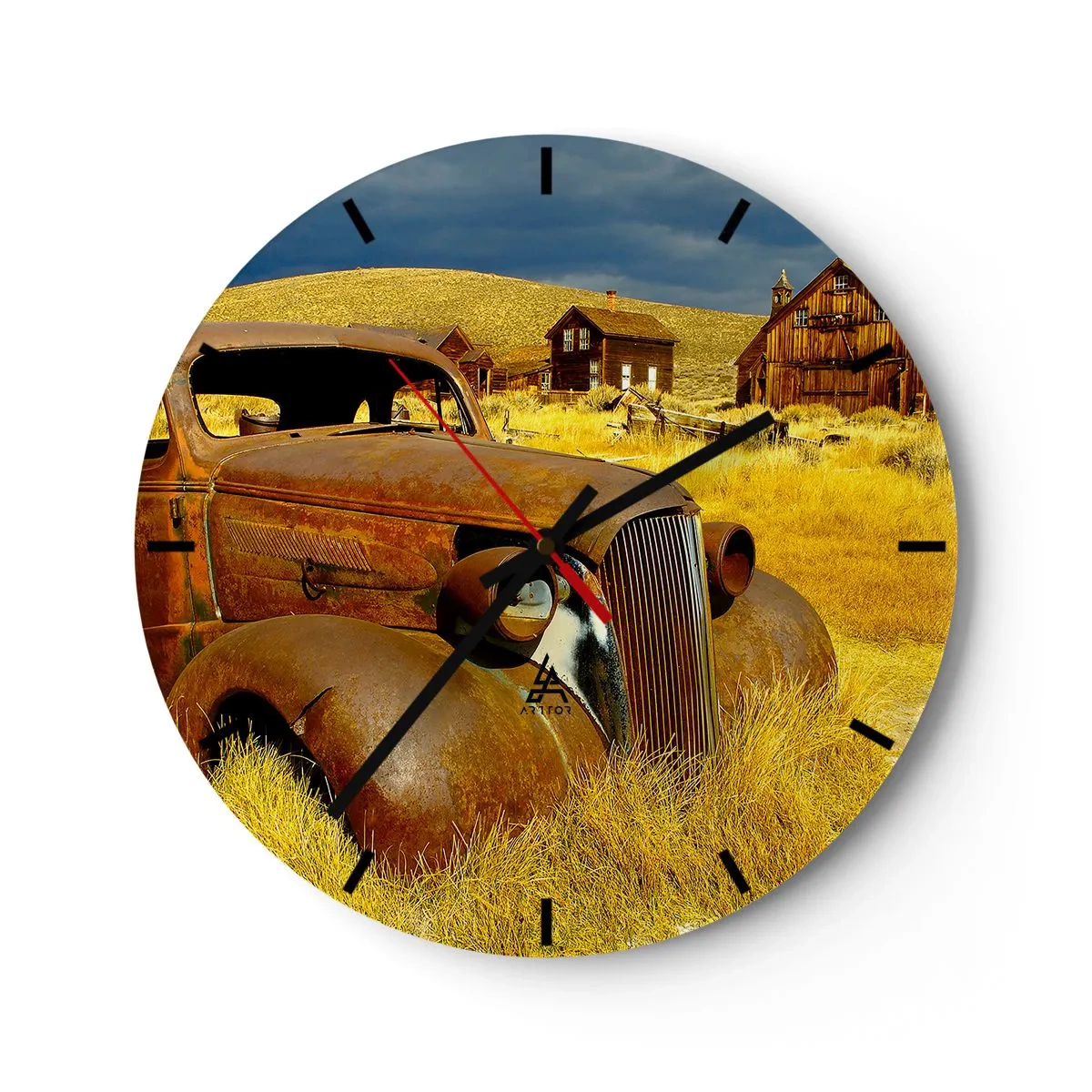 Ceas de perete - Ceas pe sticlă - O mașină veche și ruginită pe fundalul unui sat abandonat - 30x30cm - O odihnă binemeritată - Decorațiune modernă pentru perete pentru living, bucătărie și dormitor ARTTOR