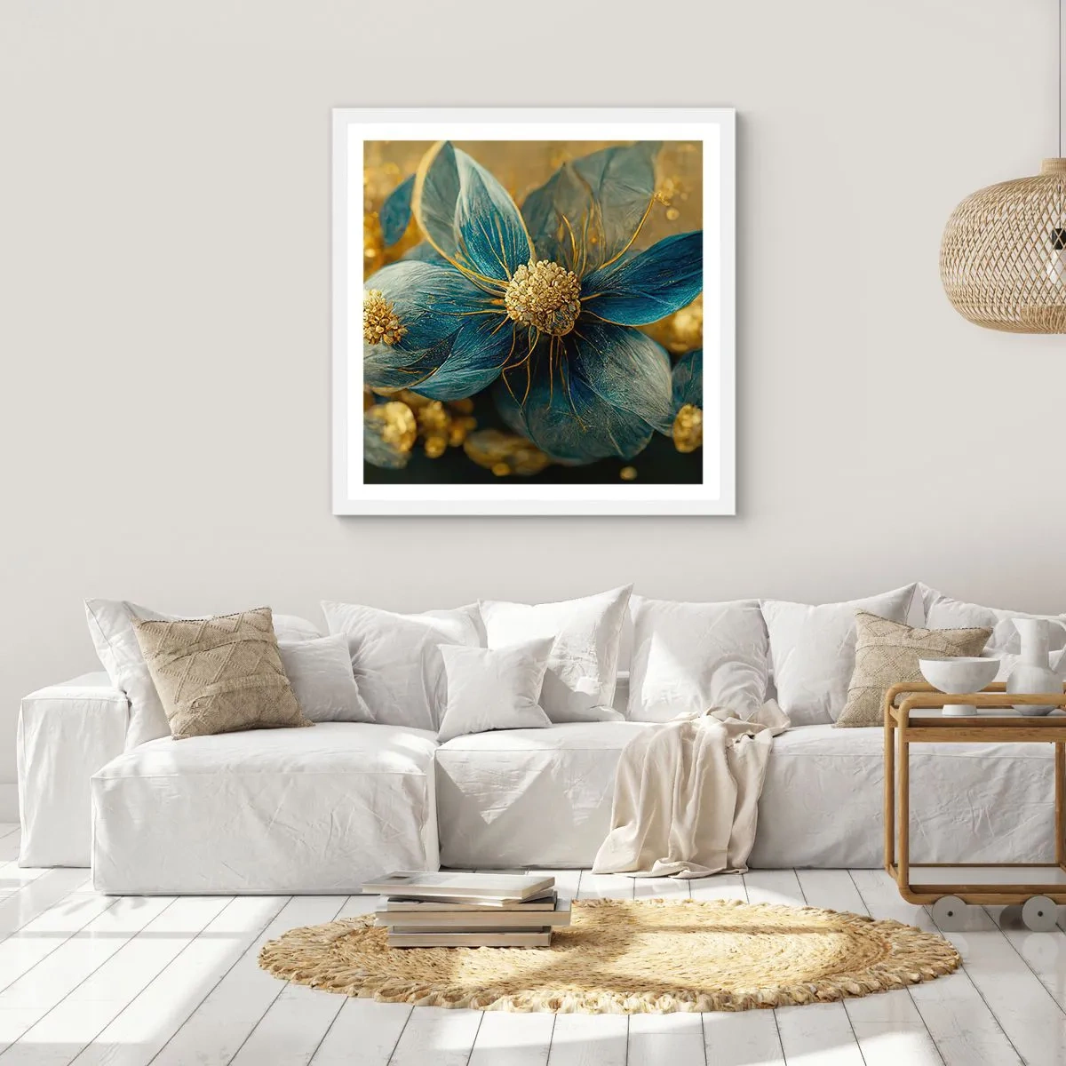 Poster în ramă albă - Floare cu aur - 60x60 cm