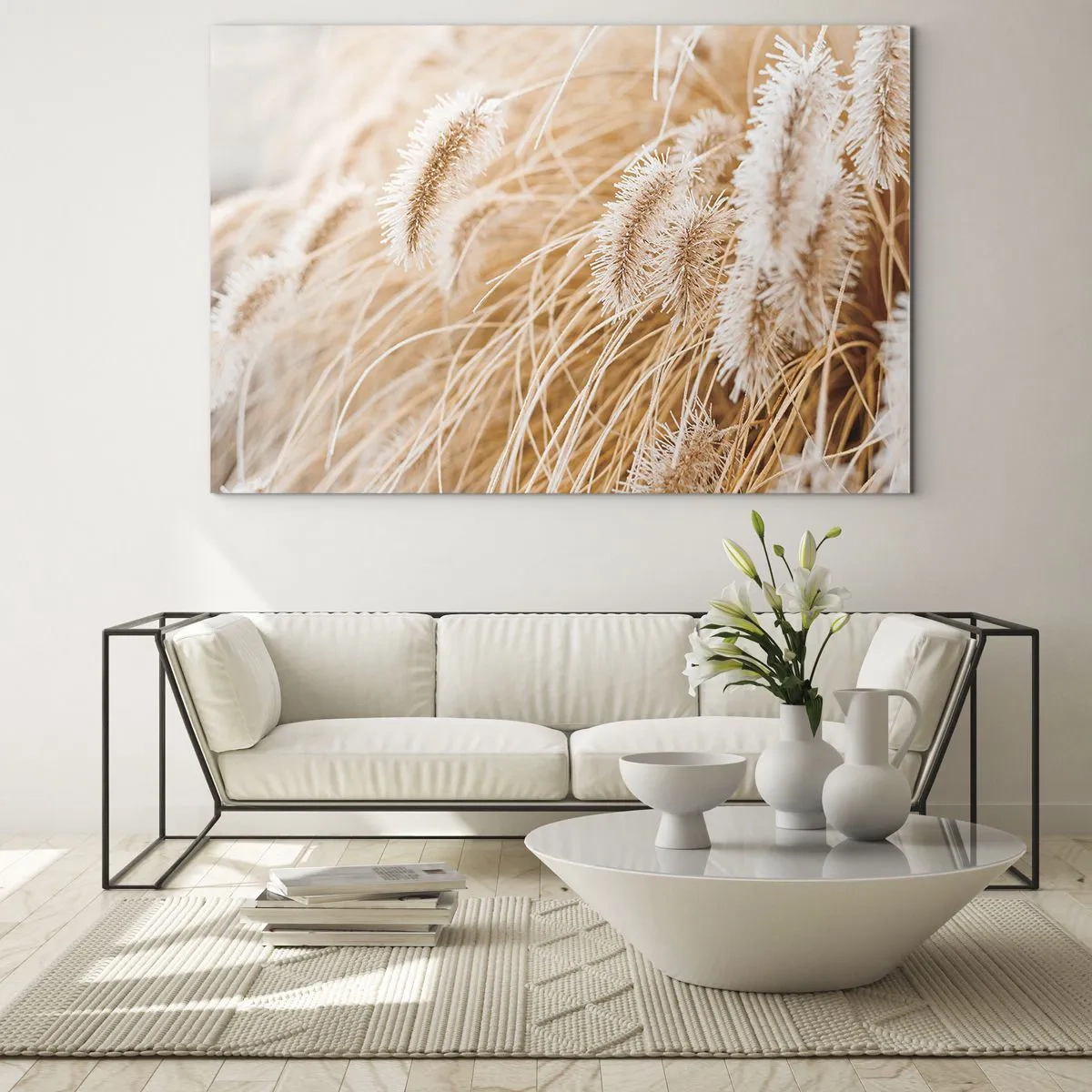 Tablou pe sticlă - Prim-plan al țepilor pufoși de iarbă în lumină aurie - 70x50cm - Foșnetul auriu al ierburilor - Decorațiune modernă pentru perete pentru living și dormitor ARTTOR