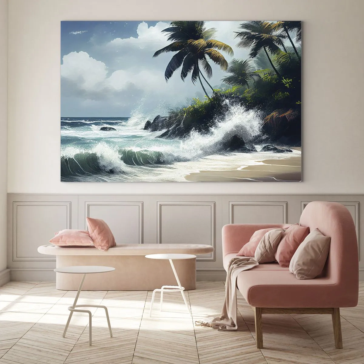 Tablou pe sticlă - Valuri care se izbesc de stâncile de lângă palmieri pe o plajă tropicală - 70x50cm - Pe un țărm tropical - Decorațiune modernă pentru perete pentru living și dormitor ARTTOR