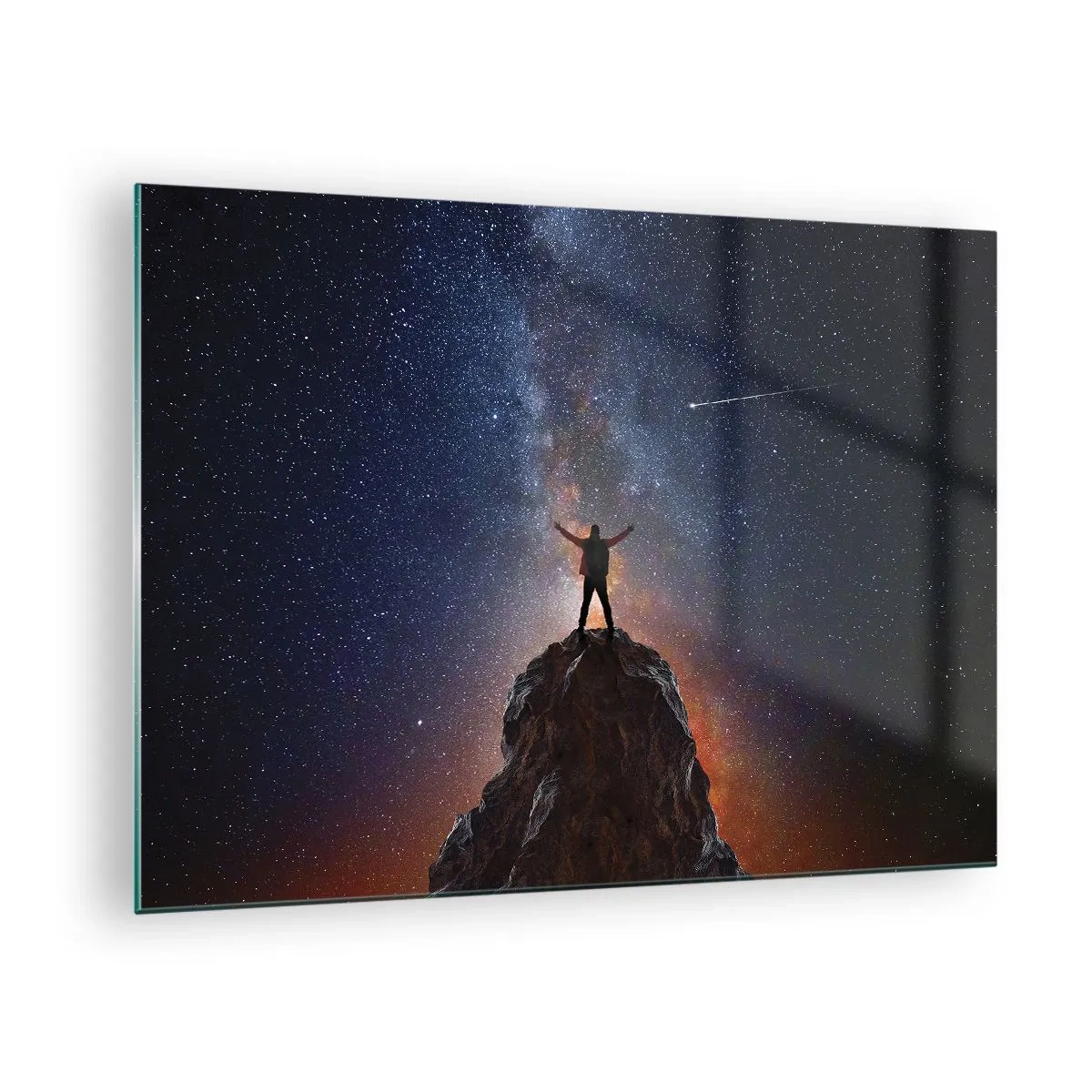 Tablou pe sticlă - Silueta unui bărbat pe vârful unei stânci sub un cer înstelat - 70x50cm - Puterea este cu mine! - Decorațiune modernă pentru perete pentru living și dormitor ARTTOR
