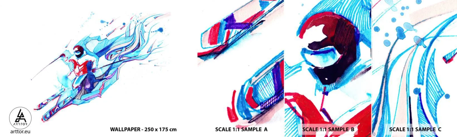 Mostră tapet autocolant Deluxe Sticker - Graba nebună după bucurie - Abstracția, Schiuri, Schior - 100x30 cm