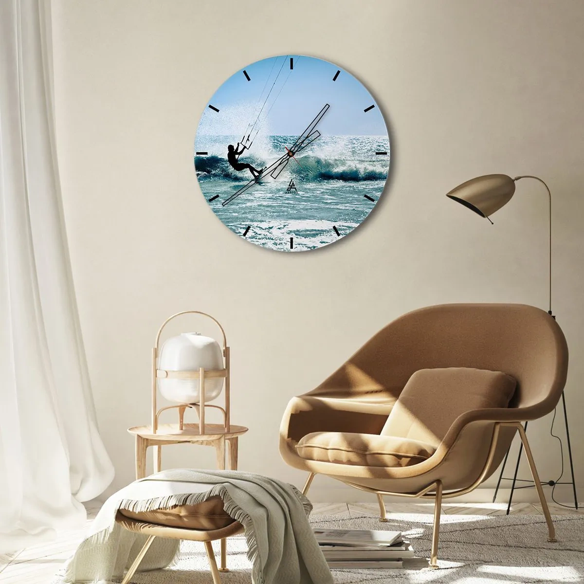 Ceas de perete - Ceas pe sticlă - Kitesurfer călărind un val într-o zi însorită la malul mării - 30x30cm - Lasă-te dus de val - Decorațiune modernă pentru perete pentru living, bucătărie și dormitor ARTTOR