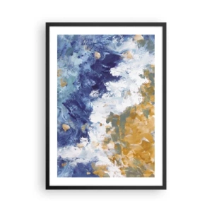 Poster în ramă neagră - O compoziție abstractă în nuanțe de albastru, alb și auriu. - 50x70cm - Dansul elementelor - Decorațiune modernă pentru perete pentru living și dormitor ARTTOR
