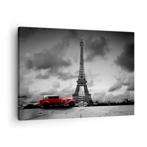 Tablou pe pânză Canvas - Mașină retro roșie în fața Turnului Eiffel, alb-negru - 70x50cm - Nu cu mult timp în urmă, la Paris - Decorațiune modernă pentru perete pentru living și dormitor ARTTOR