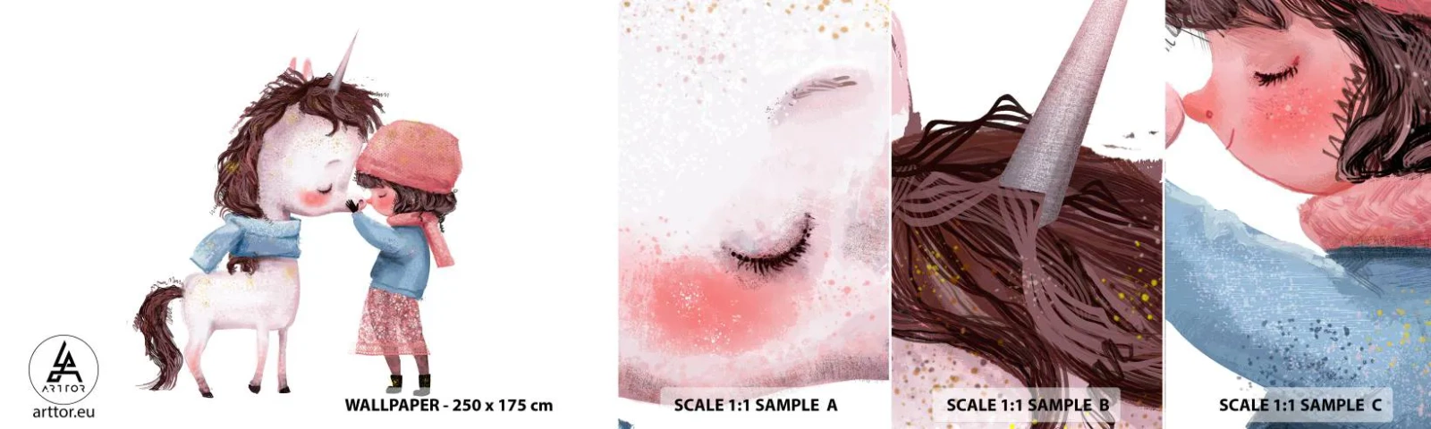 Mostră tapet autocolant Deluxe Sticker - O poveste de iarnă - Pentru copii, Inorog, Fată - 100x30 cm