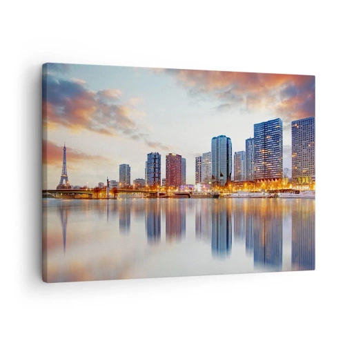 Tablou pe pânză Canvas - Panoramă a clădirilor moderne și a Turnului Eiffel deasupra apei - 70x50cm - Calmul monumental al Parisului - Decorațiune modernă pentru perete pentru living și dormitor ARTTOR