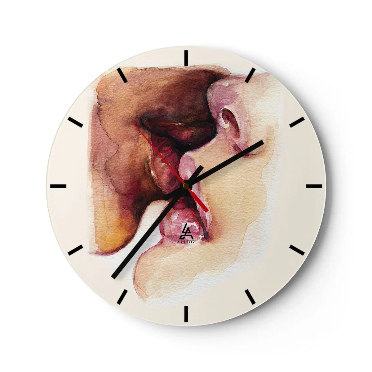 Ceas de perete - Ceas pe sticlă - Un sărut a două fețe în stil acuarelă - 30x30cm - Ca ziua și noaptea, ca cerul și pământul - Decorațiune modernă pentru perete pentru living, bucătărie și dormitor ARTTOR