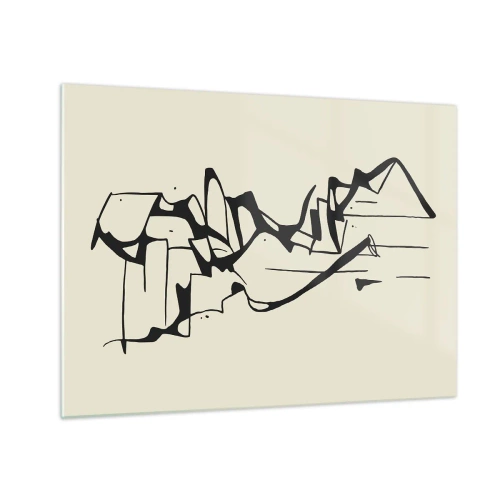 Tablou pe sticlă - Linie abstractă alb-negru care formează conturul unui peisaj - 70x50cm - Poate că peisajul - Decorațiune modernă pentru perete pentru living și dormitor ARTTOR