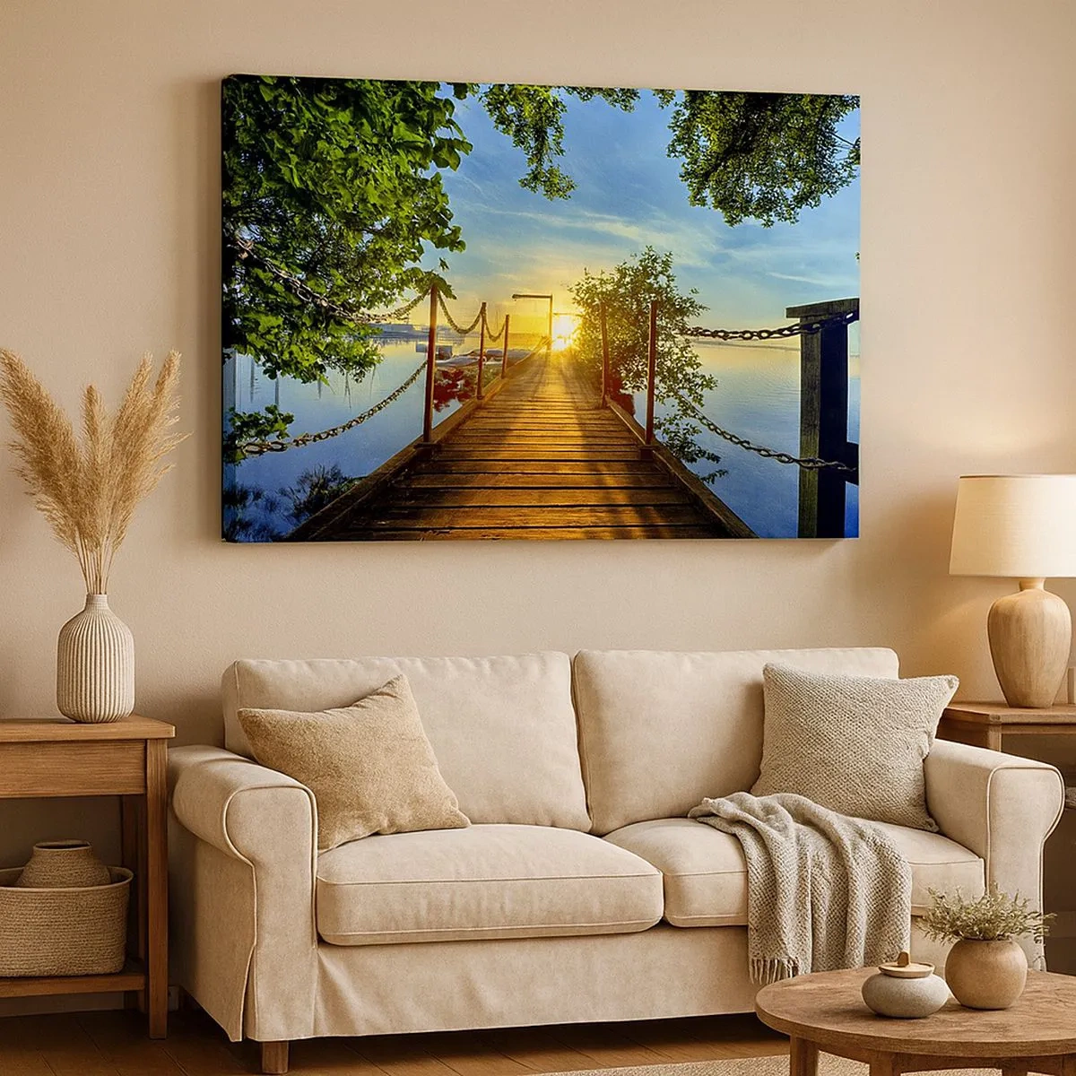 Tablou pe pânză Canvas - Un dig peste lac în razele apusului - 70x50cm - Apusul la malul apei - Decorațiune modernă pentru perete pentru living și dormitor ARTTOR