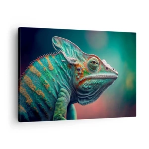 Tablou pe pânză Canvas - Prim-plan al unui cameleon în culori intense - 70x50cm - Mă poți vedea? Nu e bine... - Decorațiune modernă pentru perete pentru living și dormitor ARTTOR