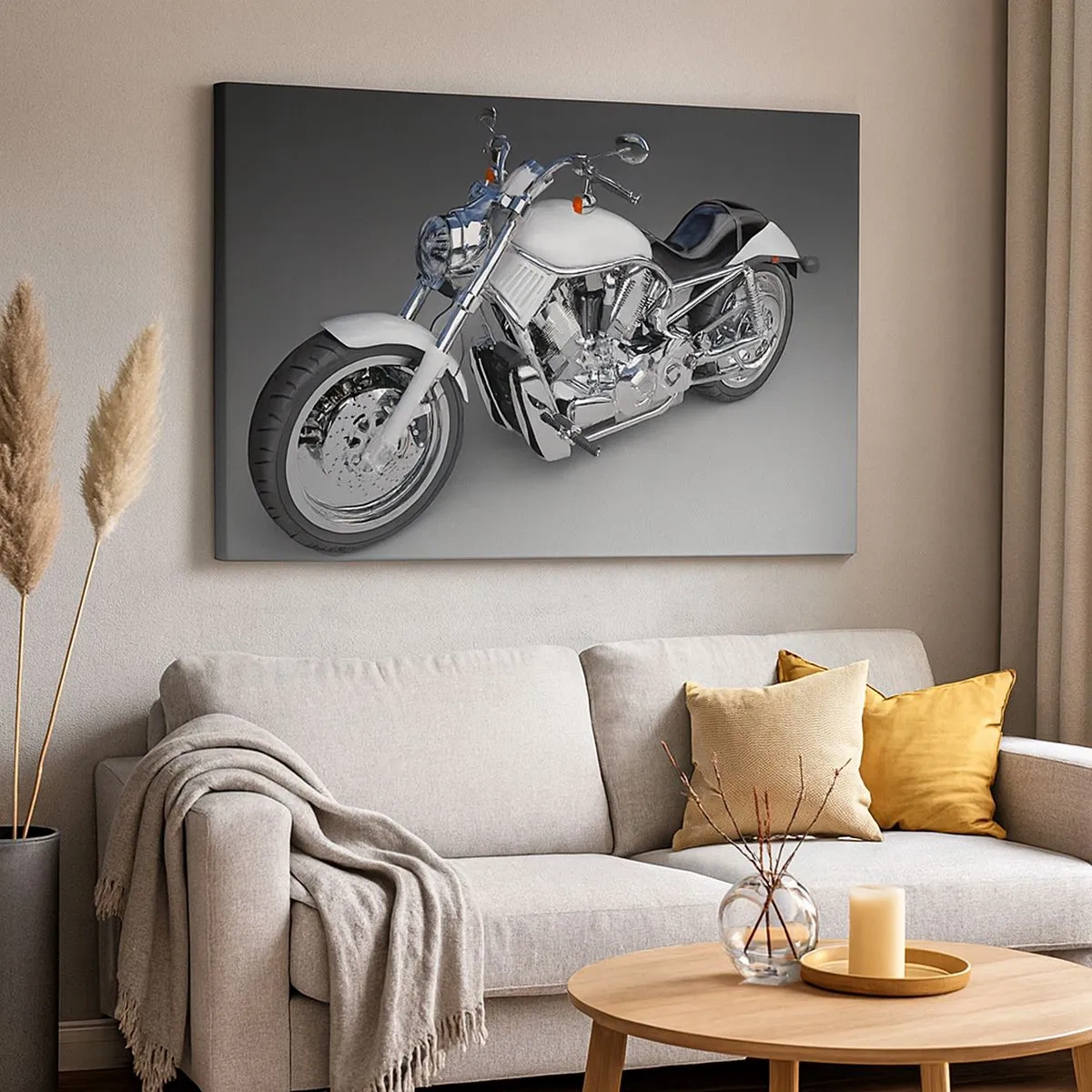 Tablou pe pânză Canvas - Motocicletă cruiser albă pe fundal gri - 70x50cm - Te face să vrei să îngenunchezi - Decorațiune modernă pentru perete pentru living și dormitor ARTTOR