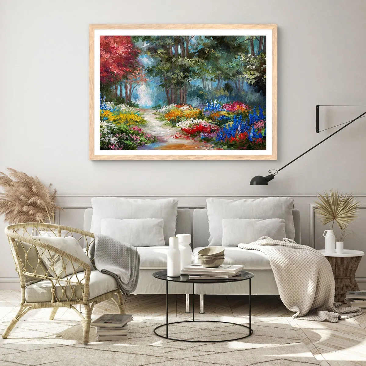 Poster în ramă de stejar deschis - Grădină de pădure, pădure de flori - 100x70 cm