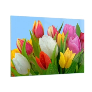 Tablou pe sticlă - Un curcubeu floral în picături de rouă - 100x70 cm