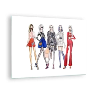 Tablou pe sticlă - Personaje la modă în ținute elegante în ilustrație - 70x50cm - Every week Fashion Week - Decorațiune modernă pentru perete pentru living și dormitor ARTTOR