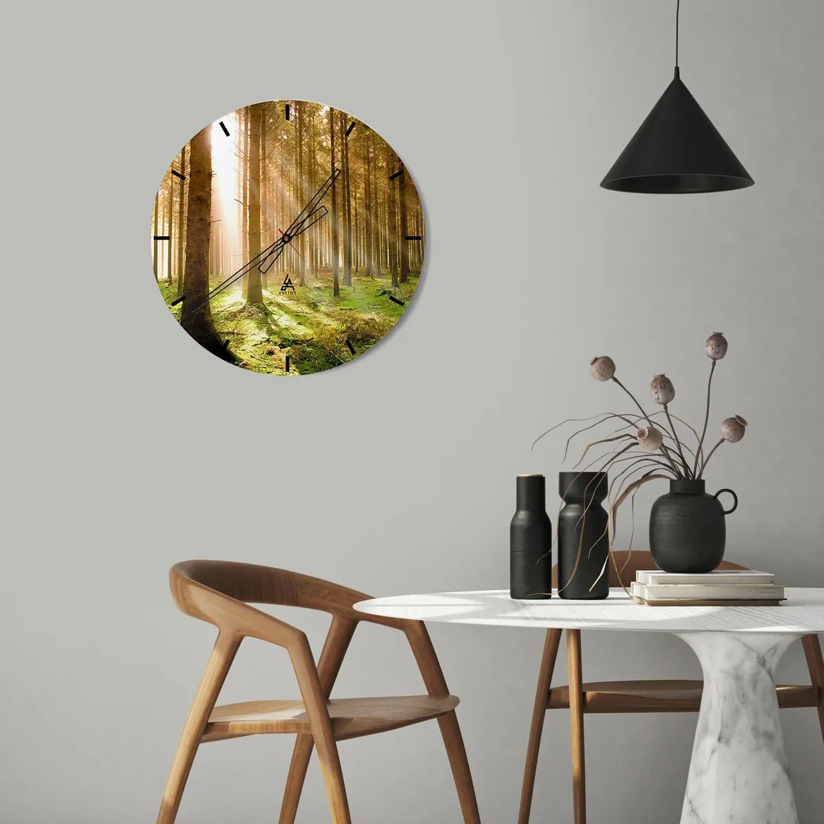 Ceas de perete - Ceas pe sticlă - Pădure însorită cu raze de lumină - 30x30cm - Spiridușii sunt pe cale să apară - Decorațiune modernă pentru perete pentru living, bucătărie și dormitor ARTTOR