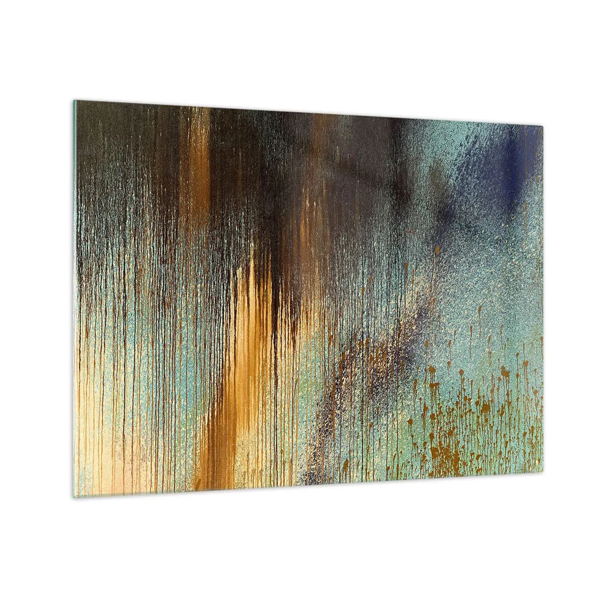 Tablou pe sticlă - Linii și pete abstracte în auriu, albastru și negru - 70x50cm - O compoziție cromatică neaccidentală - Decorațiune modernă pentru perete pentru living și dormitor ARTTOR