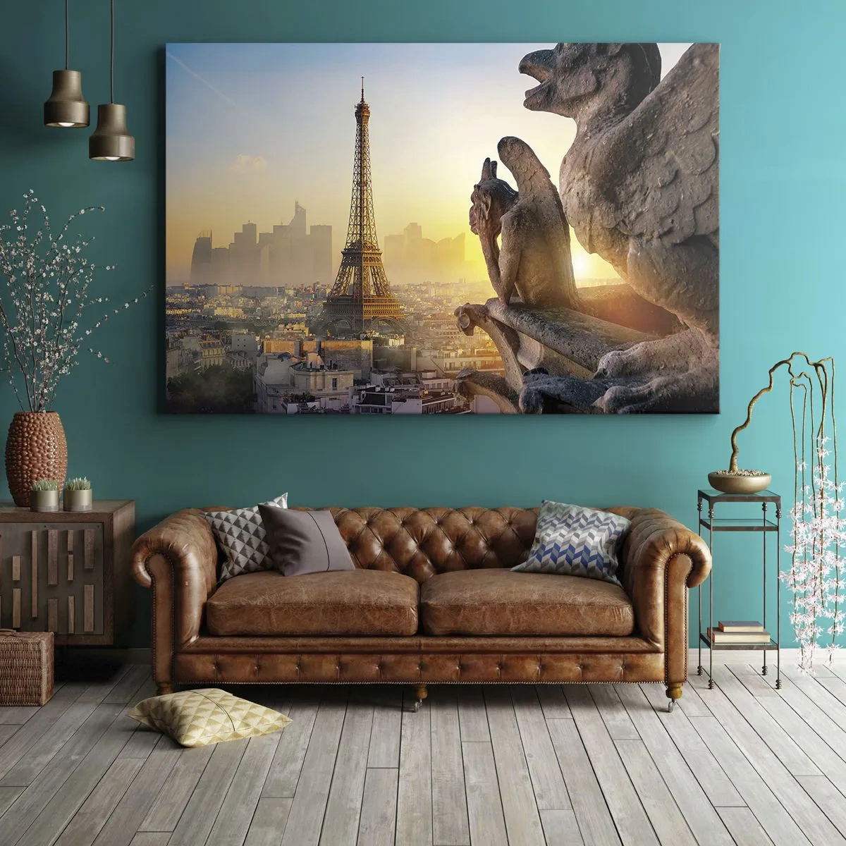 Tablou pe pânză Canvas - Vedere a Turnului Eiffel cu garguie în fundal - 70x50cm - S-au schimbat multe... - Decorațiune modernă pentru perete pentru living și dormitor ARTTOR