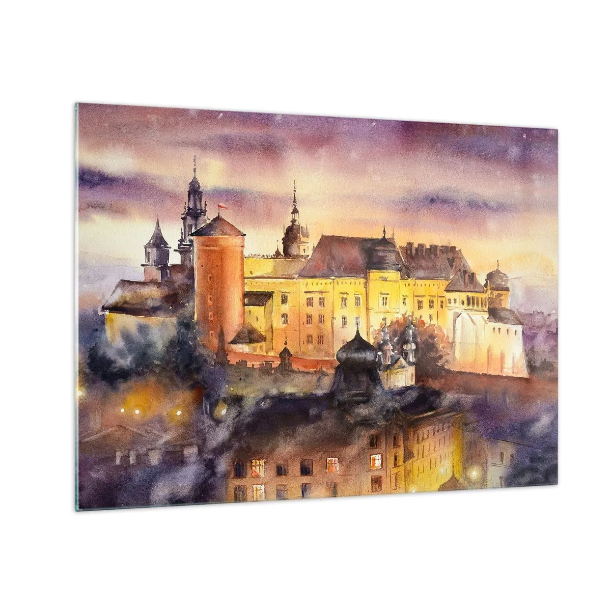 Tablou pe sticlă - Ilustrație în acuarelă a unui castel pe un deal la apus - 70x50cm - Poveste și basm - Decorațiune modernă pentru perete pentru living și dormitor ARTTOR